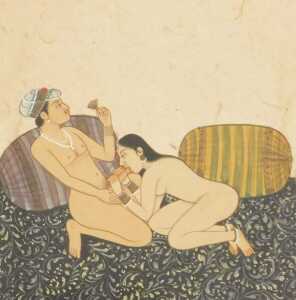 Indian School (19thC). Two studies from the Kama Sutra, watercolours, a couple in embrace with... - 4