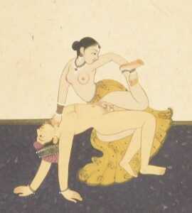 Indian School (19thC). Two studies from the Kama Sutra, watercolours, a couple in embrace with... - 5