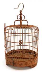 A Chinese bamboo bird cage, of cylindrical form, with a crown top, raised on three tapering... - 2