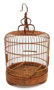 A Chinese bamboo bird cage, of cylindrical form, with a crown top, raised on three tapering... - 3