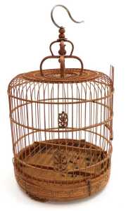 A Chinese bamboo bird cage, of cylindrical form, with a crown top, raised on three tapering... - 4