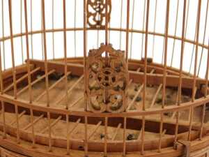 A Chinese bamboo bird cage, of cylindrical form, with a crown top, raised on three tapering... - 5
