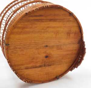 A Chinese bamboo bird cage, of cylindrical form, with a crown top, raised on three tapering... - 6