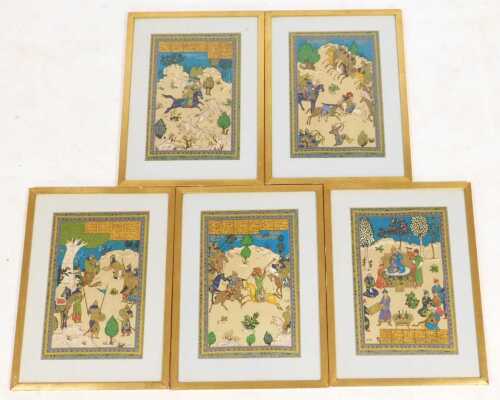 Persian School (20thC). Hunting, battle and court scenes, colour prints on silk, 31cm x 20.5cm. (5)