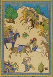 Persian School (20thC). Hunting, battle and court scenes, colour prints on silk, 31cm x 20.5cm. (5) - 3