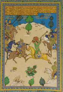 Persian School (20thC). Hunting, battle and court scenes, colour prints on silk, 31cm x 20.5cm. (5) - 5