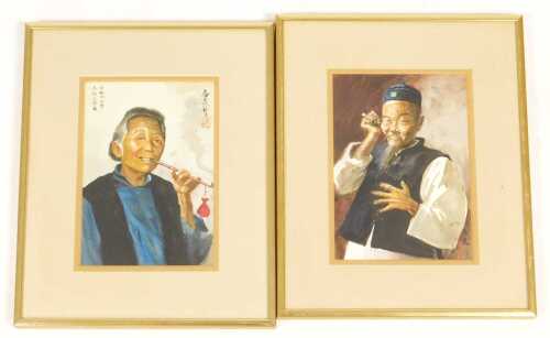 Chinese School (20thC). Study of an old lady smoking a pipe, watercolour, signed, 17cm x 12cm,...