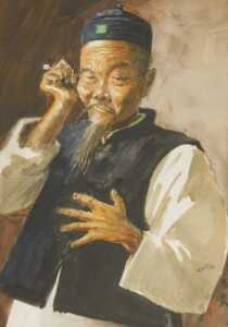 Chinese School (20thC). Study of an old lady smoking a pipe, watercolour, signed, 17cm x 12cm,... - 3