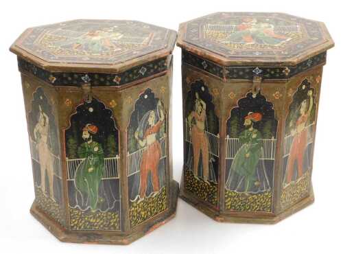 A pair of 20thC Rajastani Indian hand painted boxes, of octagonal form, with hinged lids,...