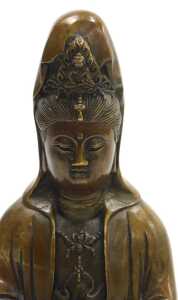 A Chinese bronze figure of Guanyin, probably 19thC, modelled seated, on a lotus flower base,... - 5
