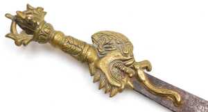 A Tibetan Buddhist flaming sword of wisdom, with a brass dragon handle, and flame like tip, with... - 2