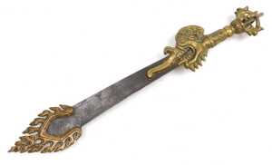 A Tibetan Buddhist flaming sword of wisdom, with a brass dragon handle, and flame like tip, with... - 4