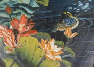 Chinese School (20thC). Mandarin ducks and water lilies, reverse painting on glass, 36cm x 24cm. - 2