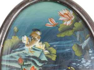 Chinese School (20thC). Mandarin ducks and water lilies, reverse painting on glass, 36cm x 24cm. - 3