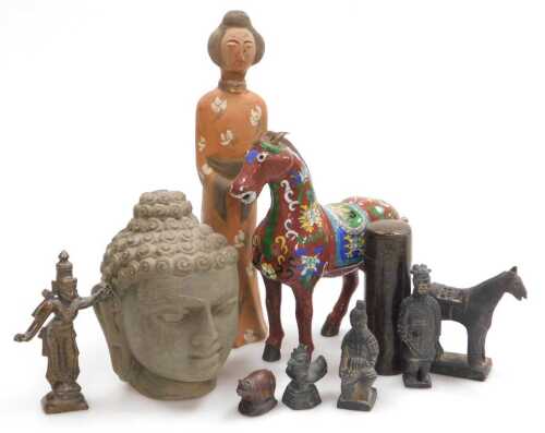 A group of Eastern pottery and collectables, including a Chinese cloisonne Tang style horse,...