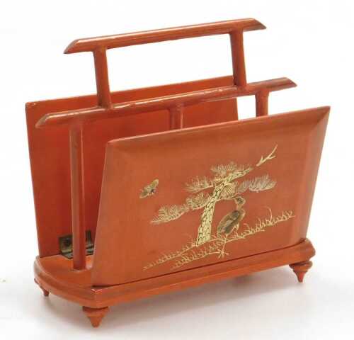 A Japanese red lacquer folding letter rack, decorated with birds and prunus blossom, of twin...