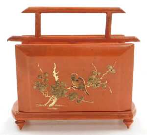 A Japanese red lacquer folding letter rack, decorated with birds and prunus blossom, of twin... - 4
