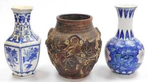Two late 20thC Chinese blue and white porcelain vases, 36cm high, together with a rustic... - 2