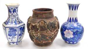 Two late 20thC Chinese blue and white porcelain vases, 36cm high, together with a rustic... - 3