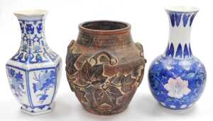 Two late 20thC Chinese blue and white porcelain vases, 36cm high, together with a rustic... - 4