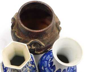Two late 20thC Chinese blue and white porcelain vases, 36cm high, together with a rustic... - 5