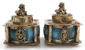 A pair of Chinese blue porcelain and brass incense burners and covers, each surmounted with a... - 2