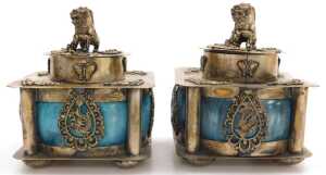A pair of Chinese blue porcelain and brass incense burners and covers, each surmounted with a... - 3