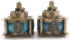 A pair of Chinese blue porcelain and brass incense burners and covers, each surmounted with a... - 4