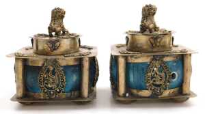 A pair of Chinese blue porcelain and brass incense burners and covers, each surmounted with a... - 5