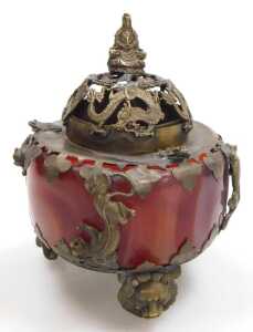 A pair of Chinese blue porcelain and brass incense burners and covers, each surmounted with a... - 8