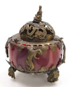 A pair of Chinese blue porcelain and brass incense burners and covers, each surmounted with a... - 9