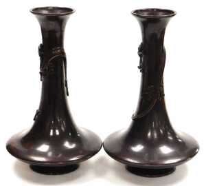 A pair of Japanese Meiji period bronze vases, of trumpet form, the neck entwined in relief with... - 2