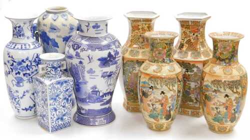A group of Oriental ceramics, including two pairs of Satsuma vases, and Chinese blue and white...