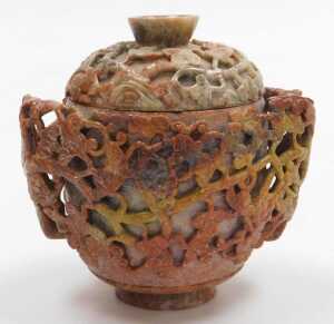 A 20thC Chinese soapstone pot and cover, of twin handled form, carved in relief with vines, 17cm... - 4