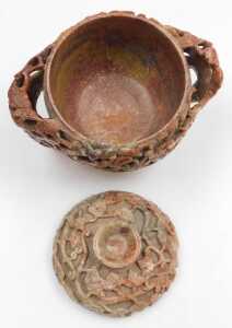 A 20thC Chinese soapstone pot and cover, of twin handled form, carved in relief with vines, 17cm... - 6