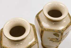 A pair of early 20thC Japanese Satsuma vases, of hexagonal baluster form, decorated with figures... - 5