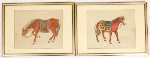 Luo Fen (Chinese 20thC). Studies of horses, pair of watercolours on silks, 25cm x 31.5cm.