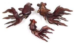 Three 20thC Chinese hardwood carvings of fantail goldfish, together with two pairs of carved... - 12