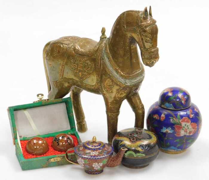 A Chinese cloisonne box and cover, decorated with a dragon on a black ground, a ginger jar and...
