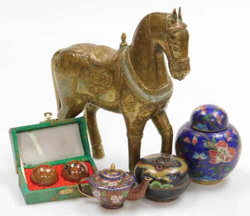 A Chinese cloisonne box and cover, decorated with a dragon on a black ground, a ginger jar and...