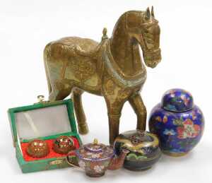 A Chinese cloisonne box and cover, decorated with a dragon on a black ground, a ginger jar and...