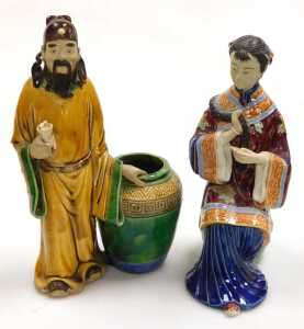 A group of 20thC Chinese Shiwan pottery mudman figures, including a seated lady, and deities,... - 7