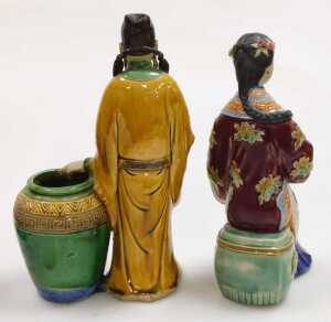 A group of 20thC Chinese Shiwan pottery mudman figures, including a seated lady, and deities,... - 8