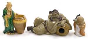 A group of 20thC Chinese Shiwan pottery mudman figures, including a seated lady, and deities,... - 14