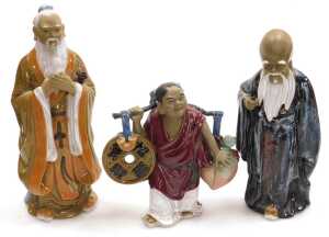 A group of 20thC Chinese Shiwan mudman figures, including deities, fishermen, and a woman... - 2