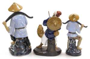 A group of 20thC Chinese Shiwan mudman figures, including deities, fishermen, and a woman... - 6