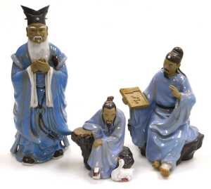 A group of 20thC Chinese Shiwan mudman figures, including a seated scholar, fisherman, a court... - 9