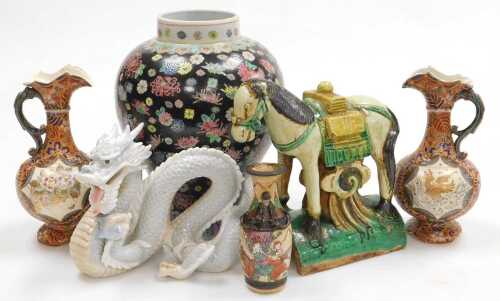 A Chinese sancai pottery roof tile, modelled as a horse, pair of Satsuma ewers, of baluster form,...