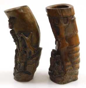 A 20thC Chinese carved bamboo brush pot, decorated in high relief with two figures seated upon... - 2