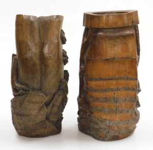 A 20thC Chinese carved bamboo brush pot, decorated in high relief with two figures seated upon... - 3